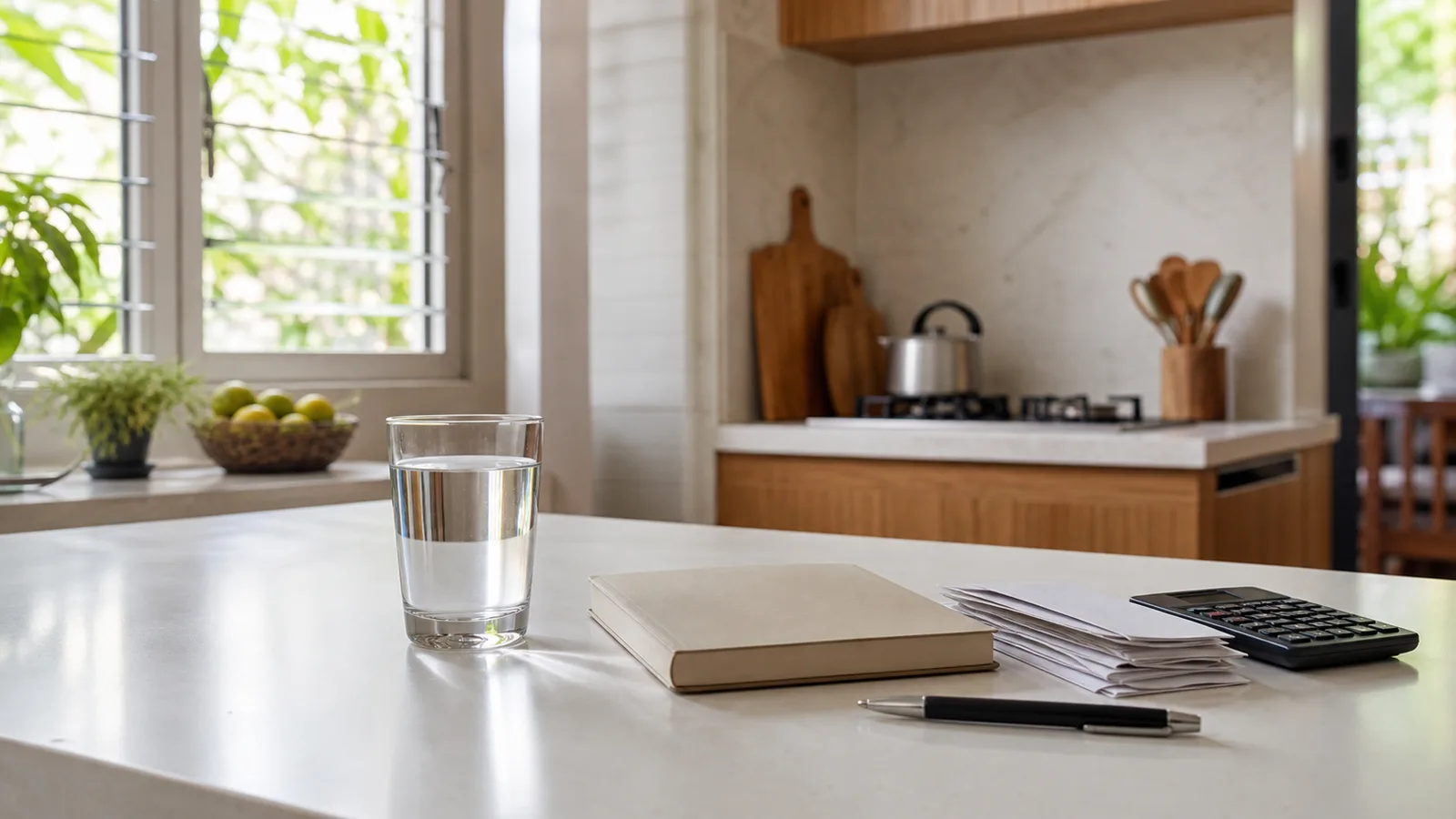 A kitchen counter with a glass of water, a notebook and pen, and receipts beside a calculator