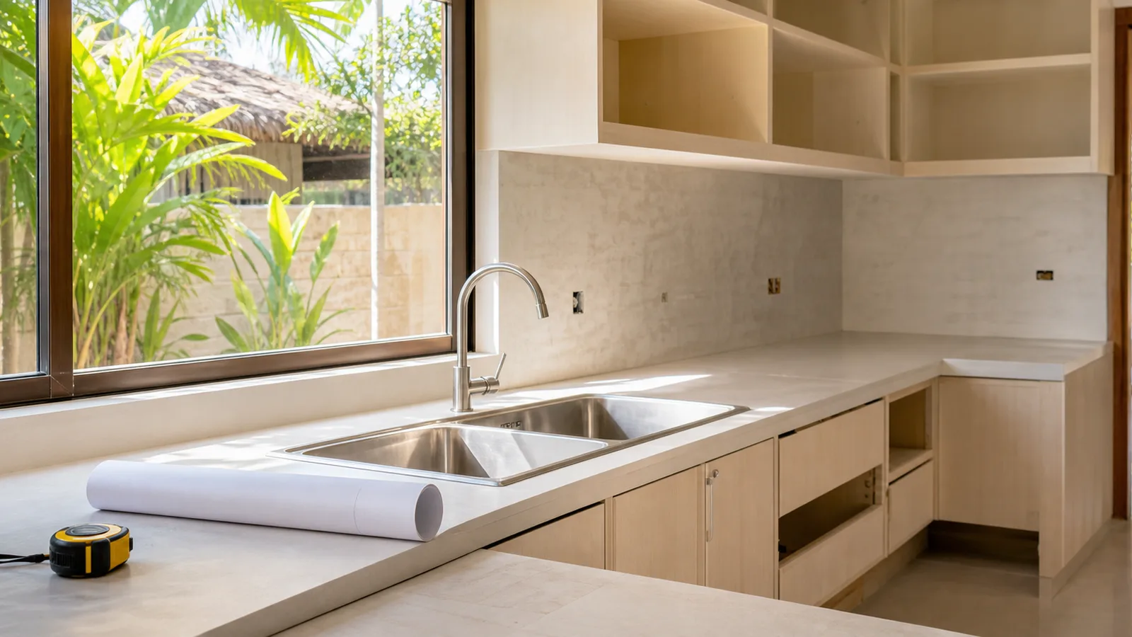 A bright kitchen mid-renovation with new cabinetry, a bare counter beside a sink, a tape measure and a rolled plan