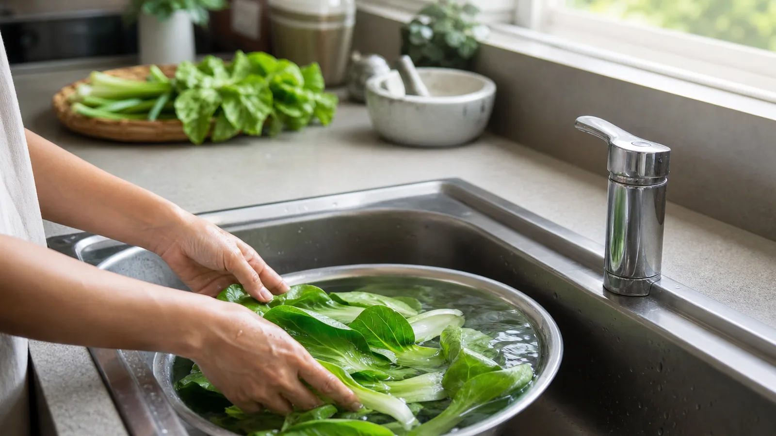 Leafy greens being rinsed in a basin of water inside a kitchen sink