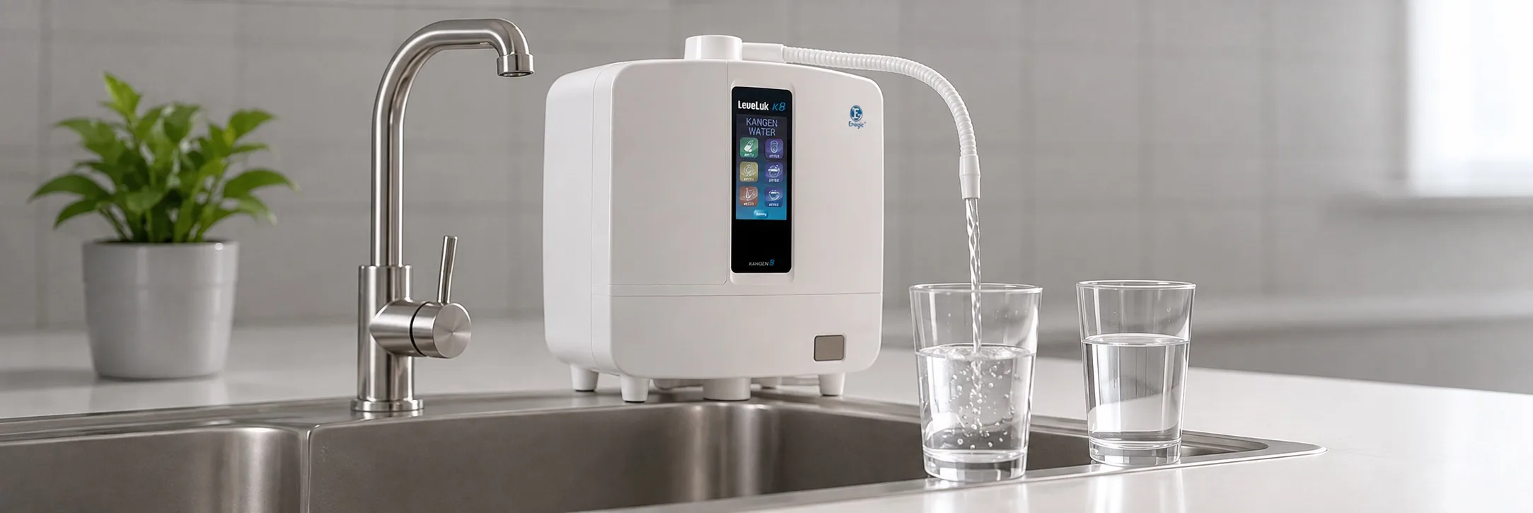 A Leveluk K8 water ionizer on a kitchen sink filling a glass of water