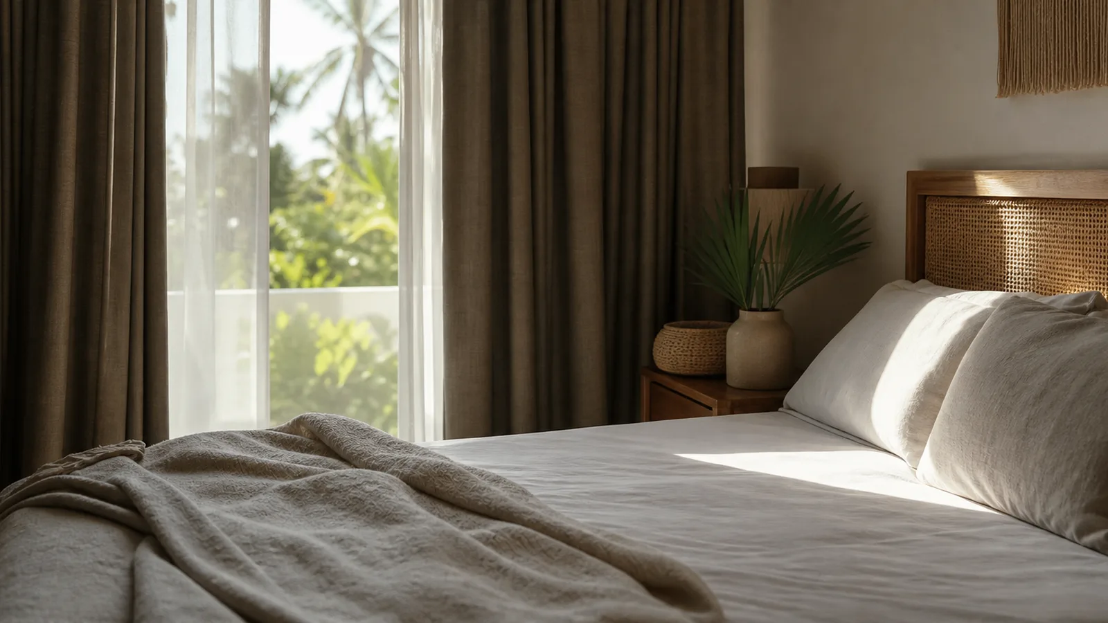 A tidy bedroom in early morning with curtains half drawn and a slice of daylight across the bed