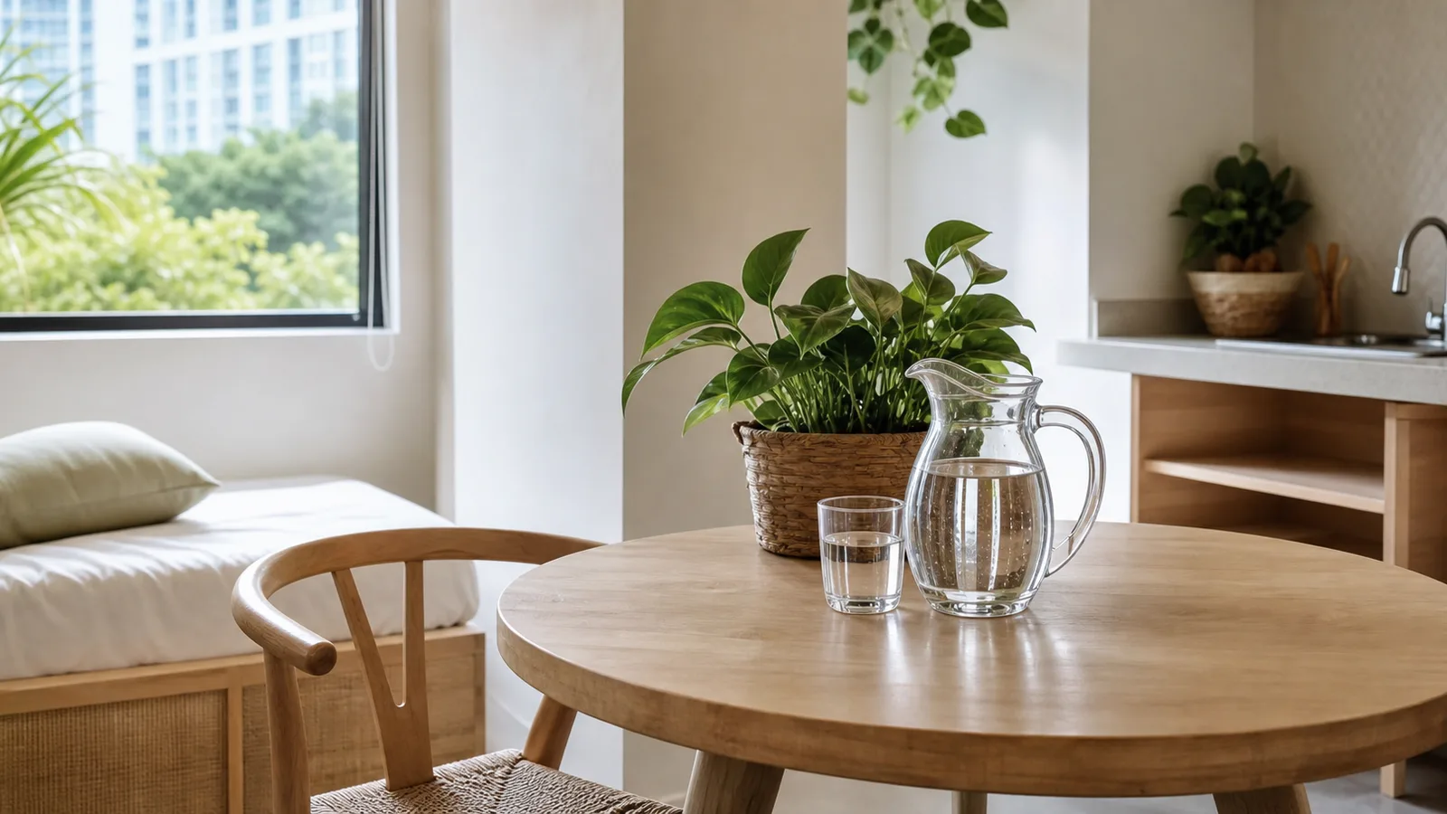 A compact studio corner with a small round table, one chair, a plant and a glass water pitcher