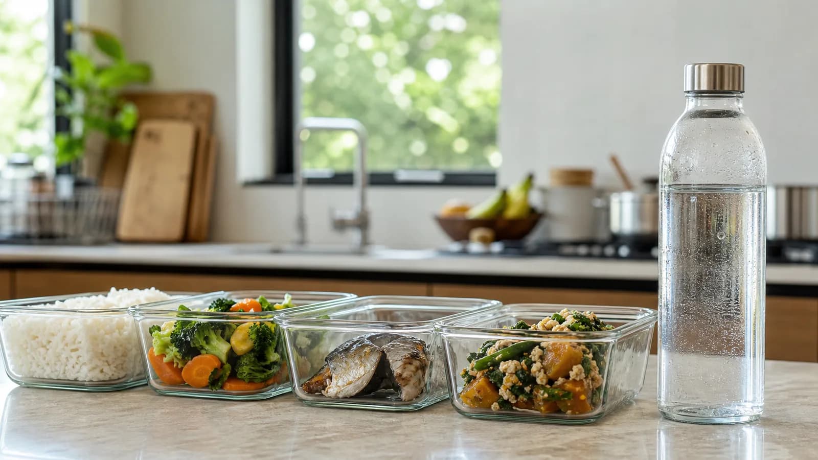 Glass containers of rice, vegetables and fish on a counter beside a large water bottle
