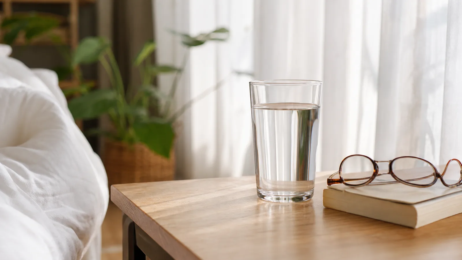 A plain glass of water on a bedside table beside a folded book in early daylight