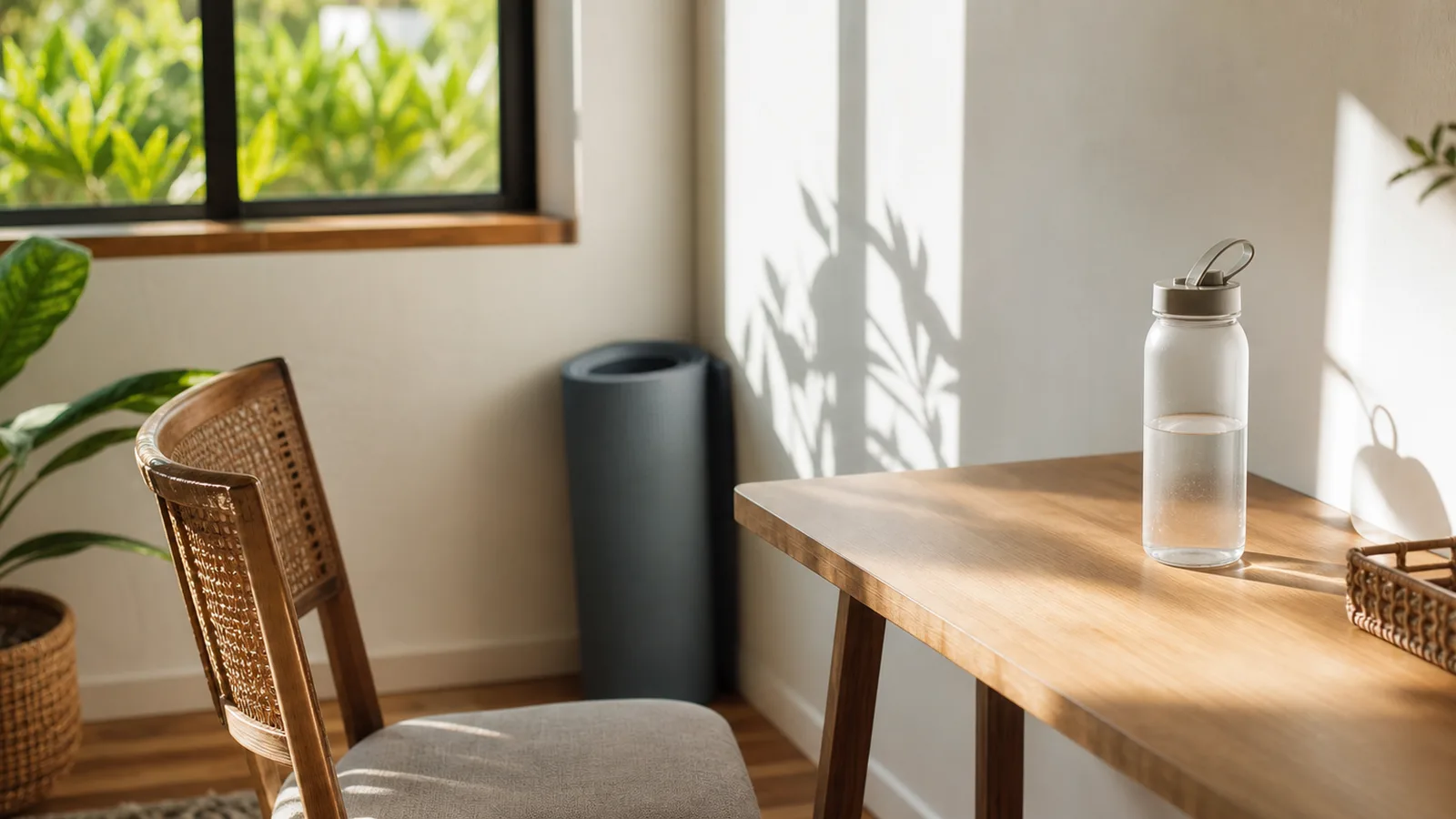 A home office corner with a chair pushed back from a desk, a rolled exercise mat and a water bottle