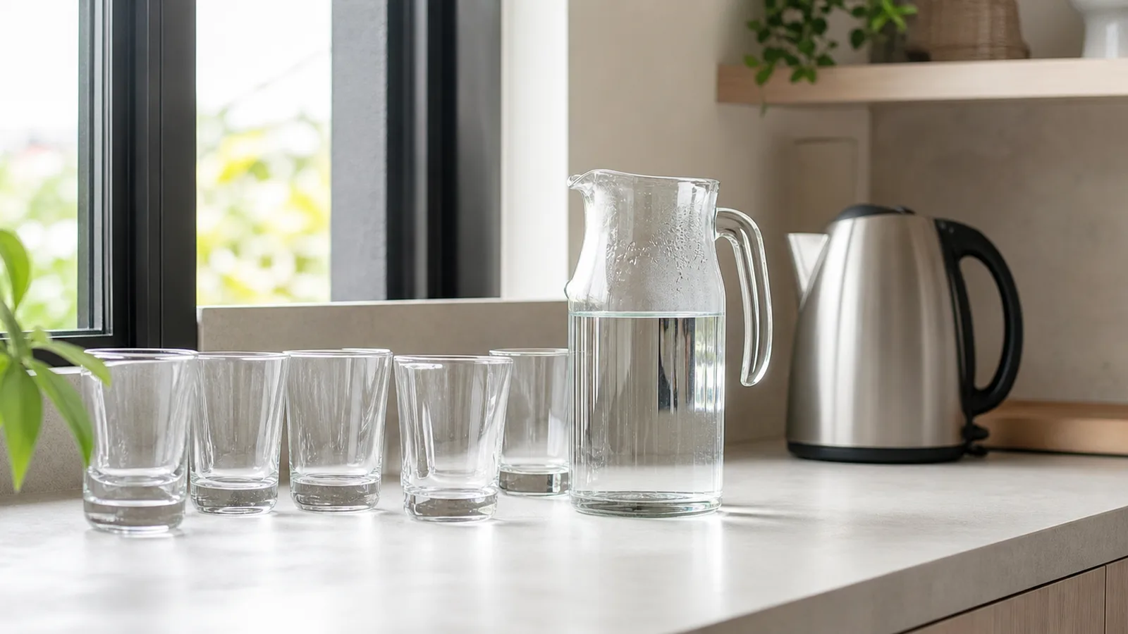 A small office pantry counter with clean glasses, a glass pitcher of water and a kettle