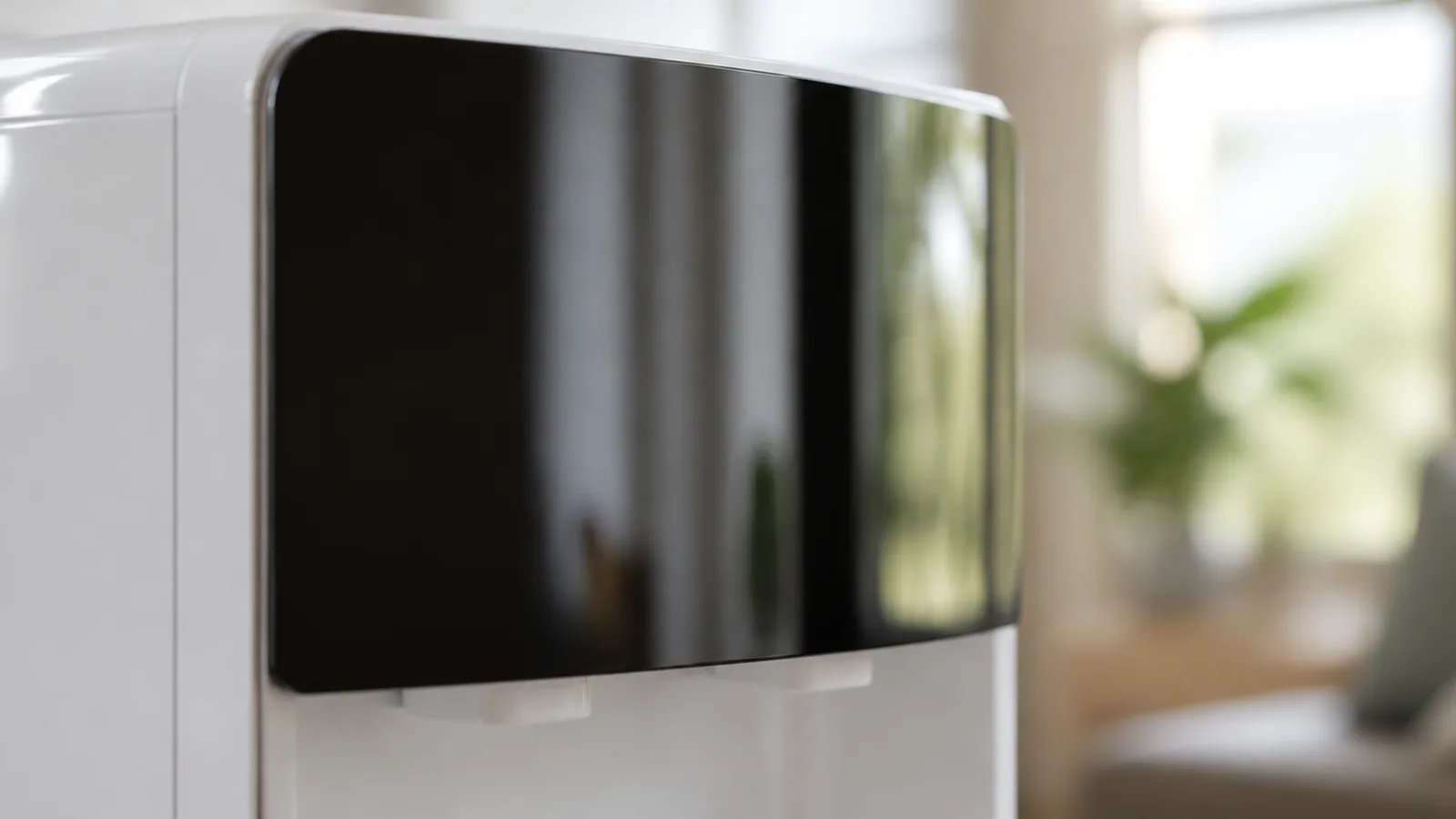 A close abstract view of a glossy black control panel on a white appliance with soft reflections