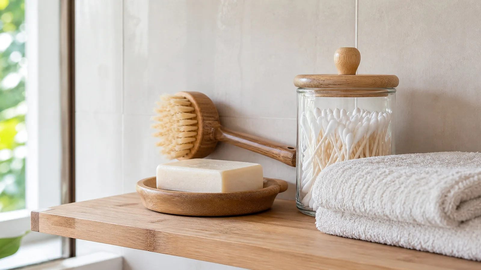 A bathroom shelf with a bar of soap on a wooden dish, a bamboo brush and a glass jar