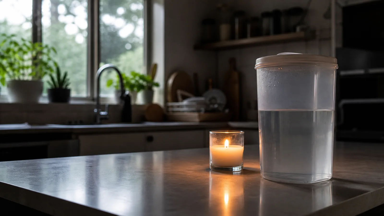 A lit candle and a filled covered water container on a kitchen counter in dim light during a power outage