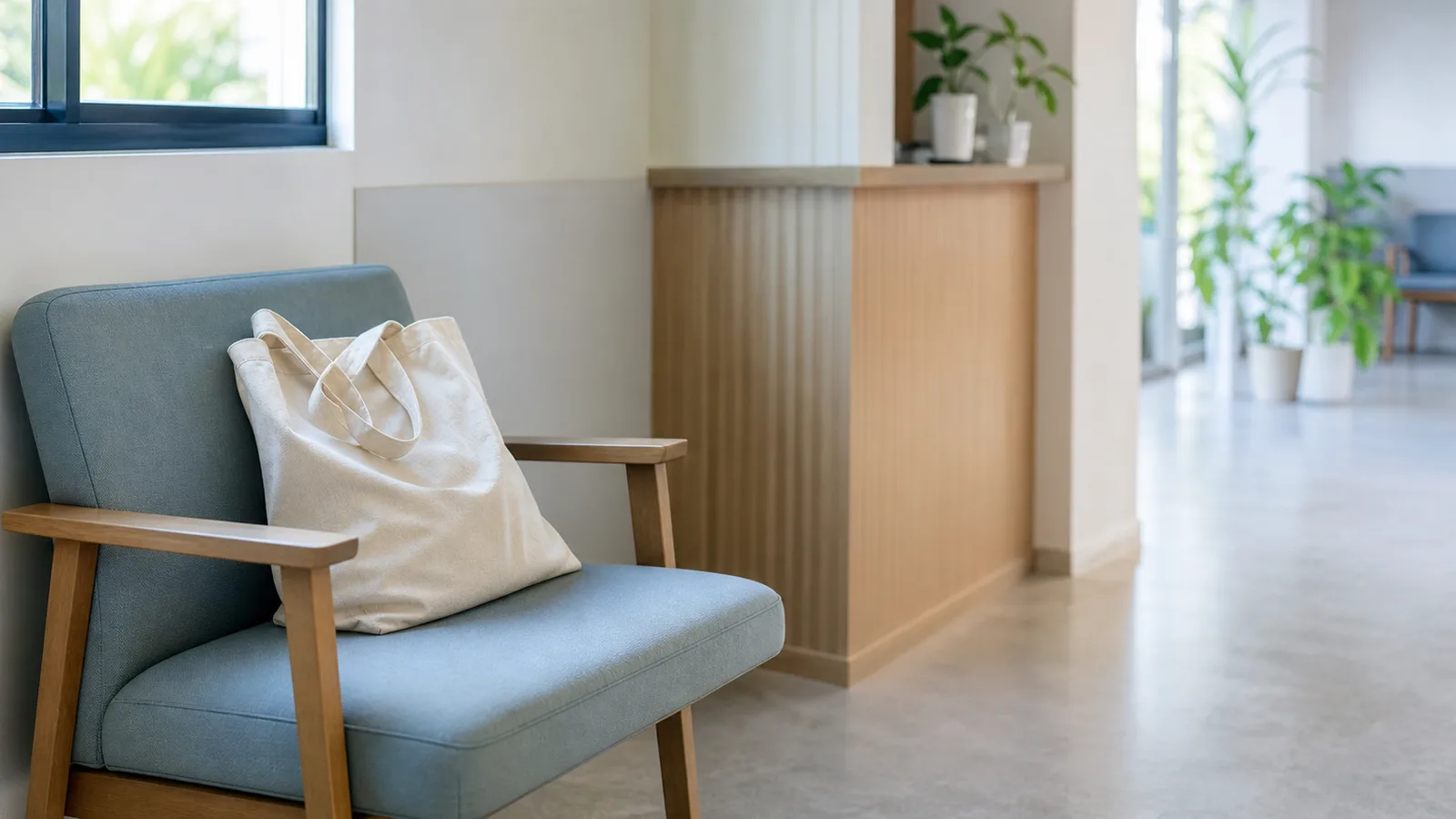 An empty clinic waiting-area chair with a plain cloth bag resting on it in cool morning light