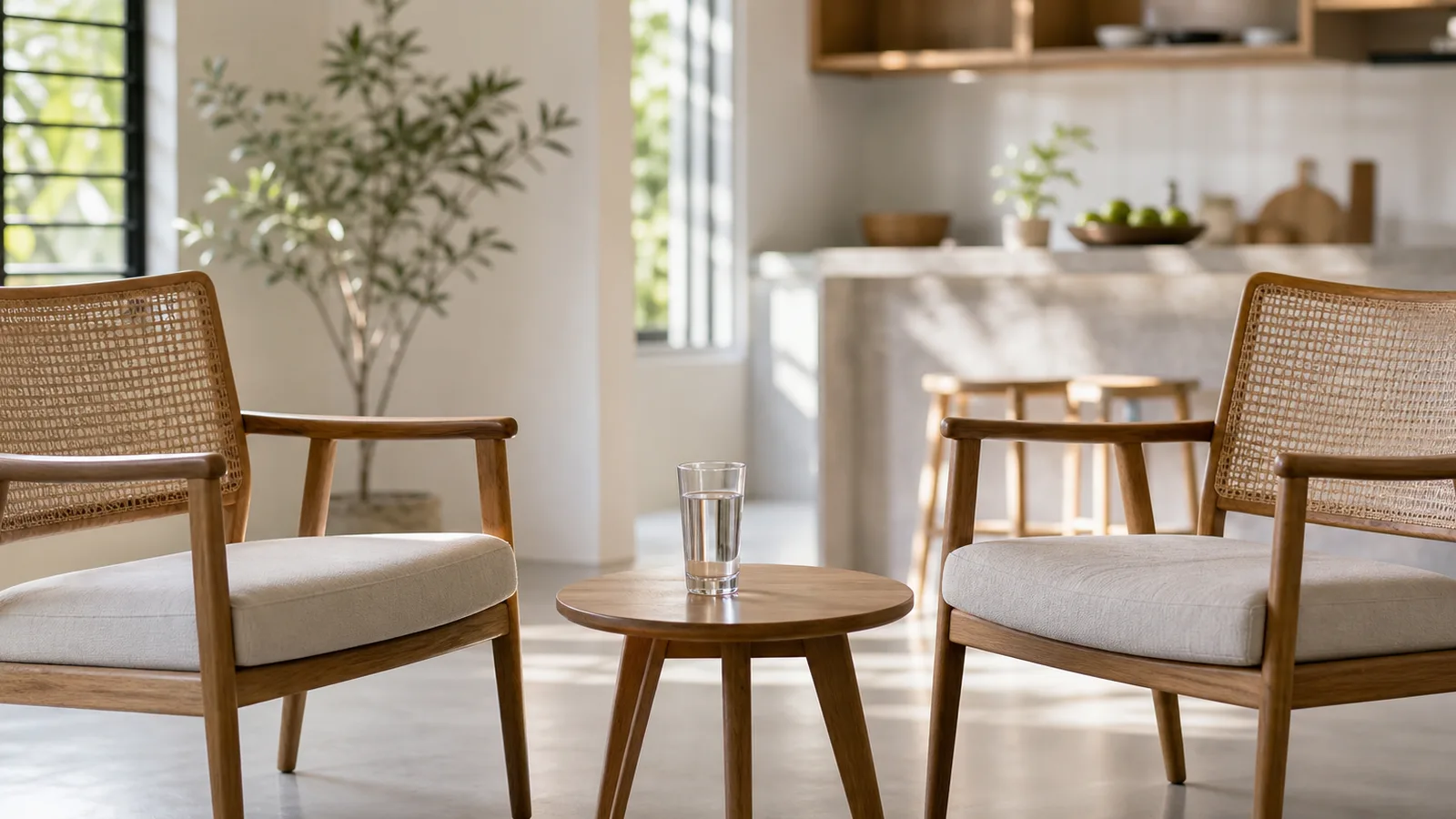 Two empty chairs facing each other across a small plain table with a single glass of water on it