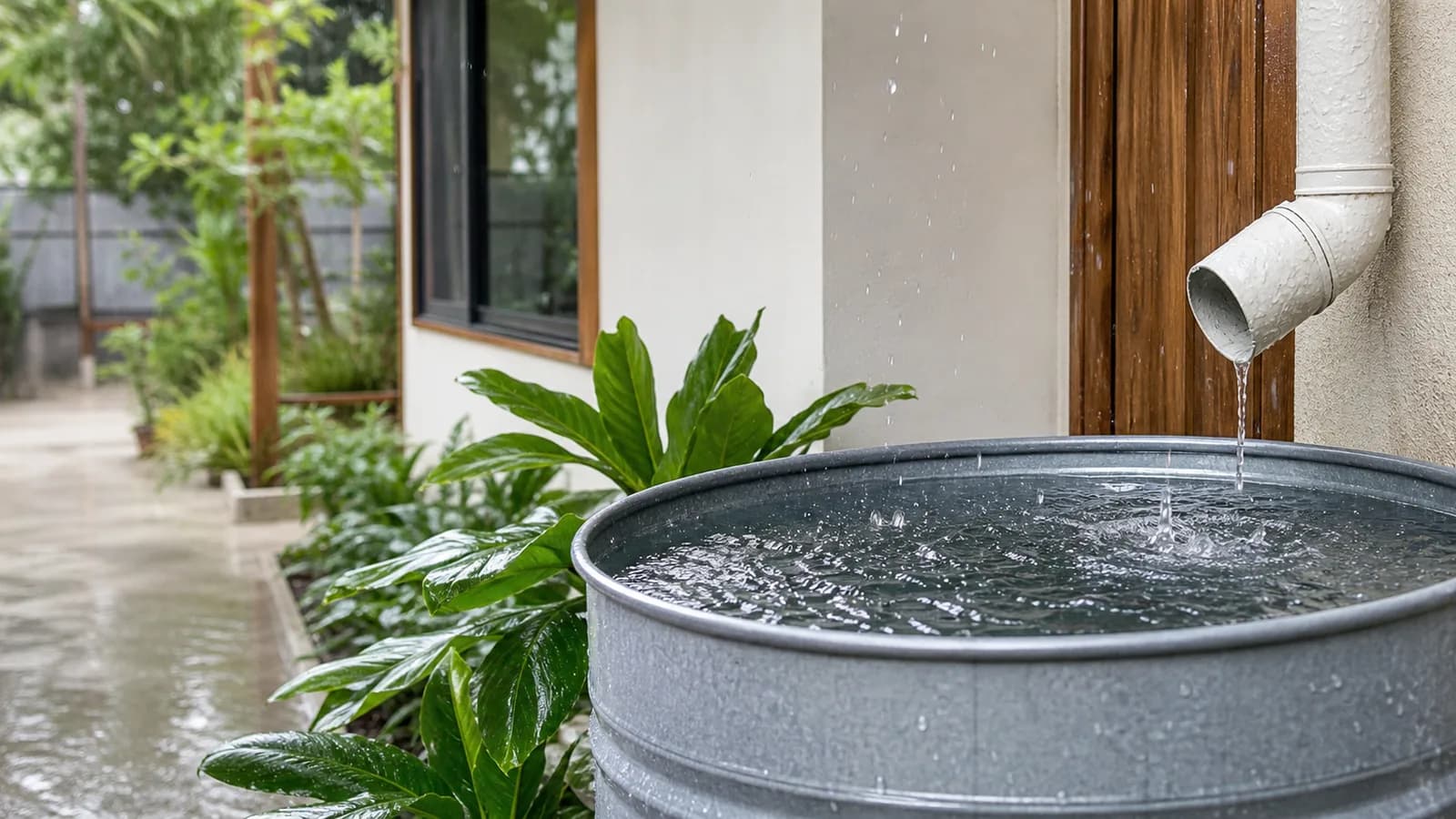 Rain falling into an open galvanised drum beside a house wall with wet plants around it