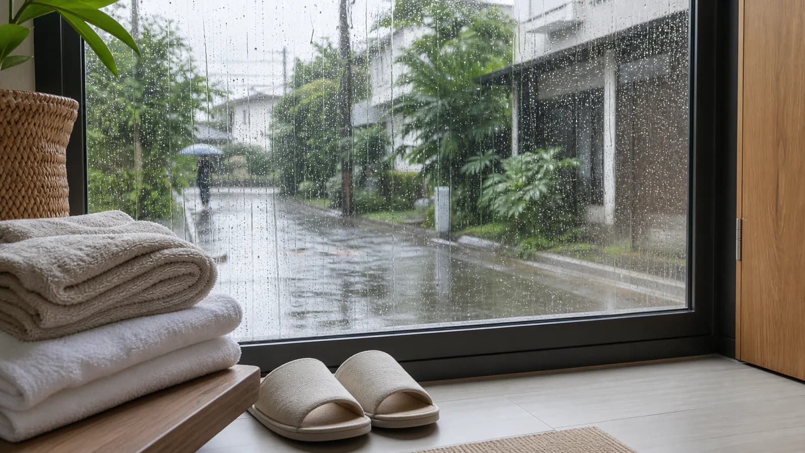 A window streaked with heavy rain onto a wet street, with folded towels and slippers by the door inside