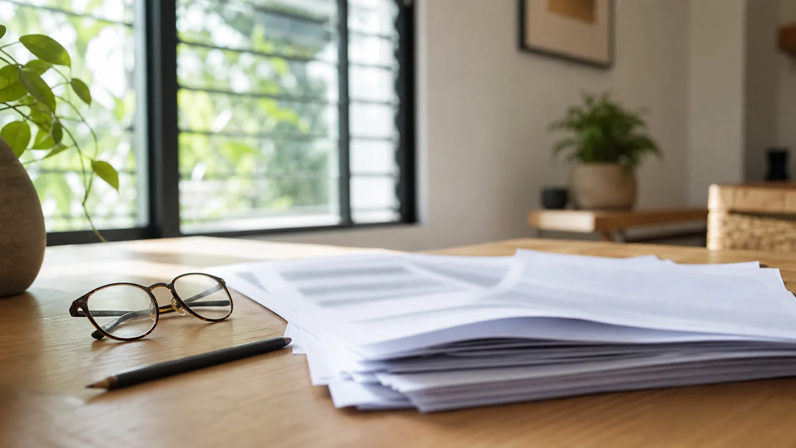 A fanned stack of plain printed pages on a desk beside reading glasses and a pencil