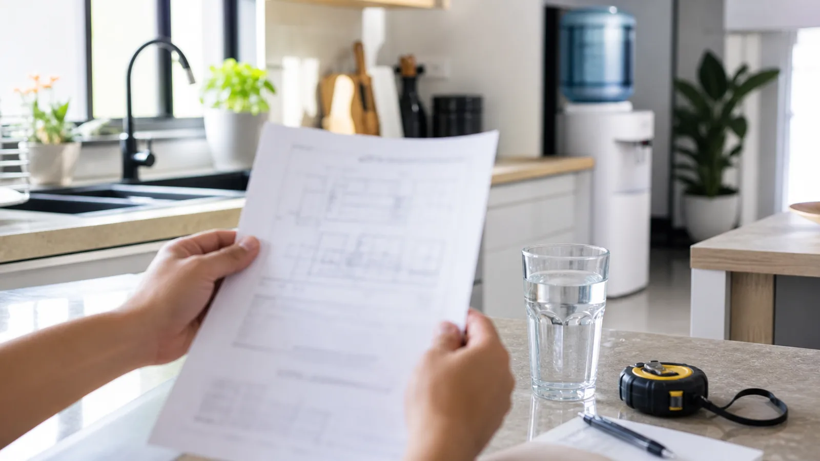A person holding a printed specification sheet at a kitchen counter beside a glass of water