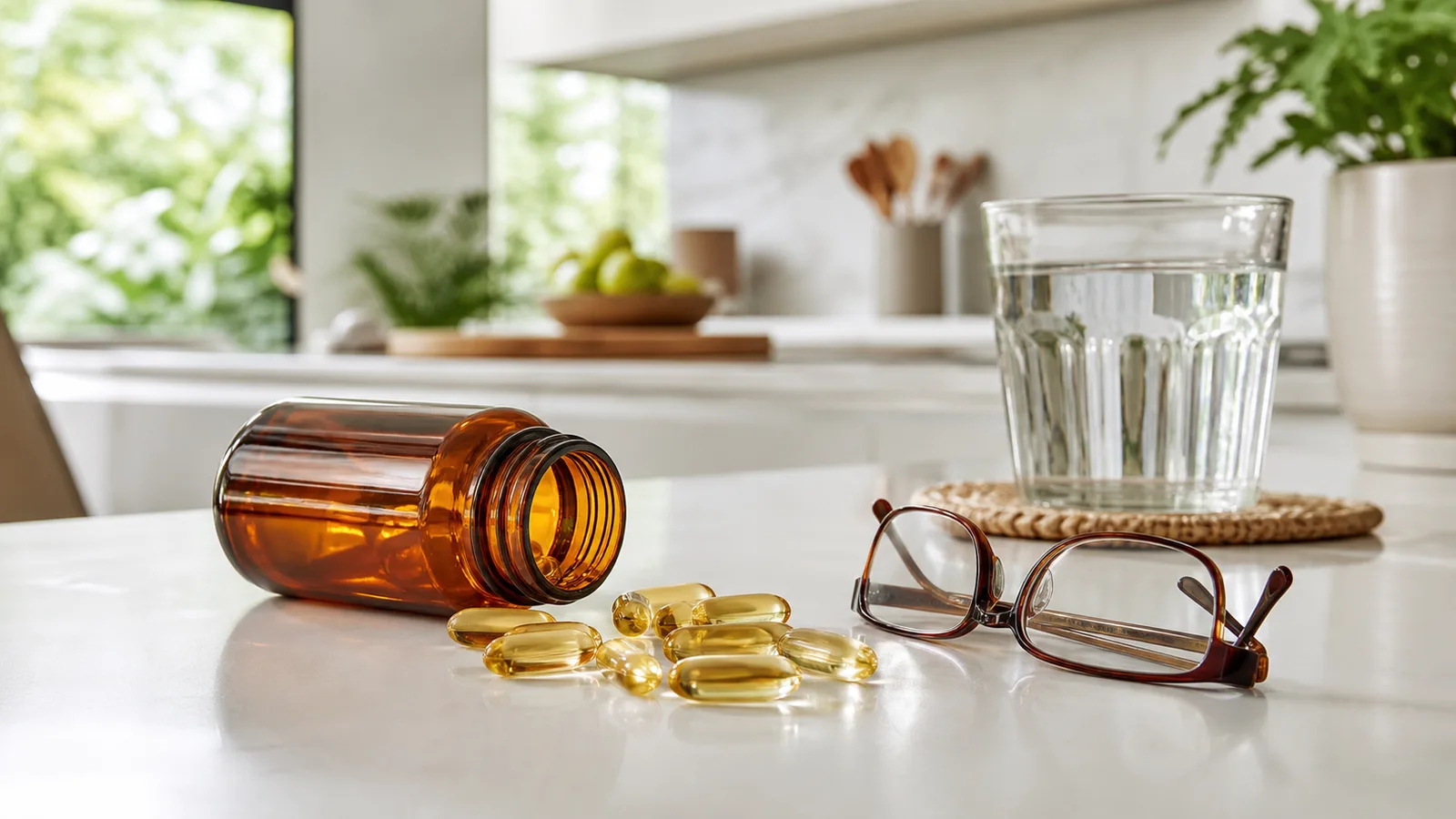 An unlabelled amber supplement bottle on a white counter with softgel capsules and reading glasses beside it