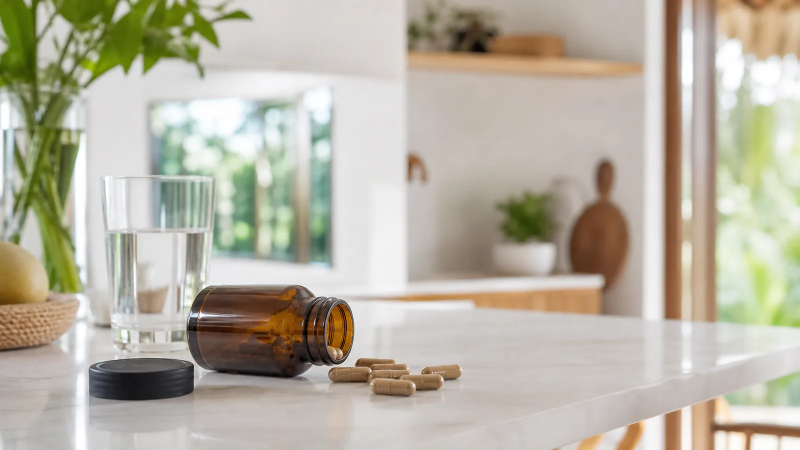 A plain unlabelled amber supplement bottle on a white counter with a few capsules spilled beside it