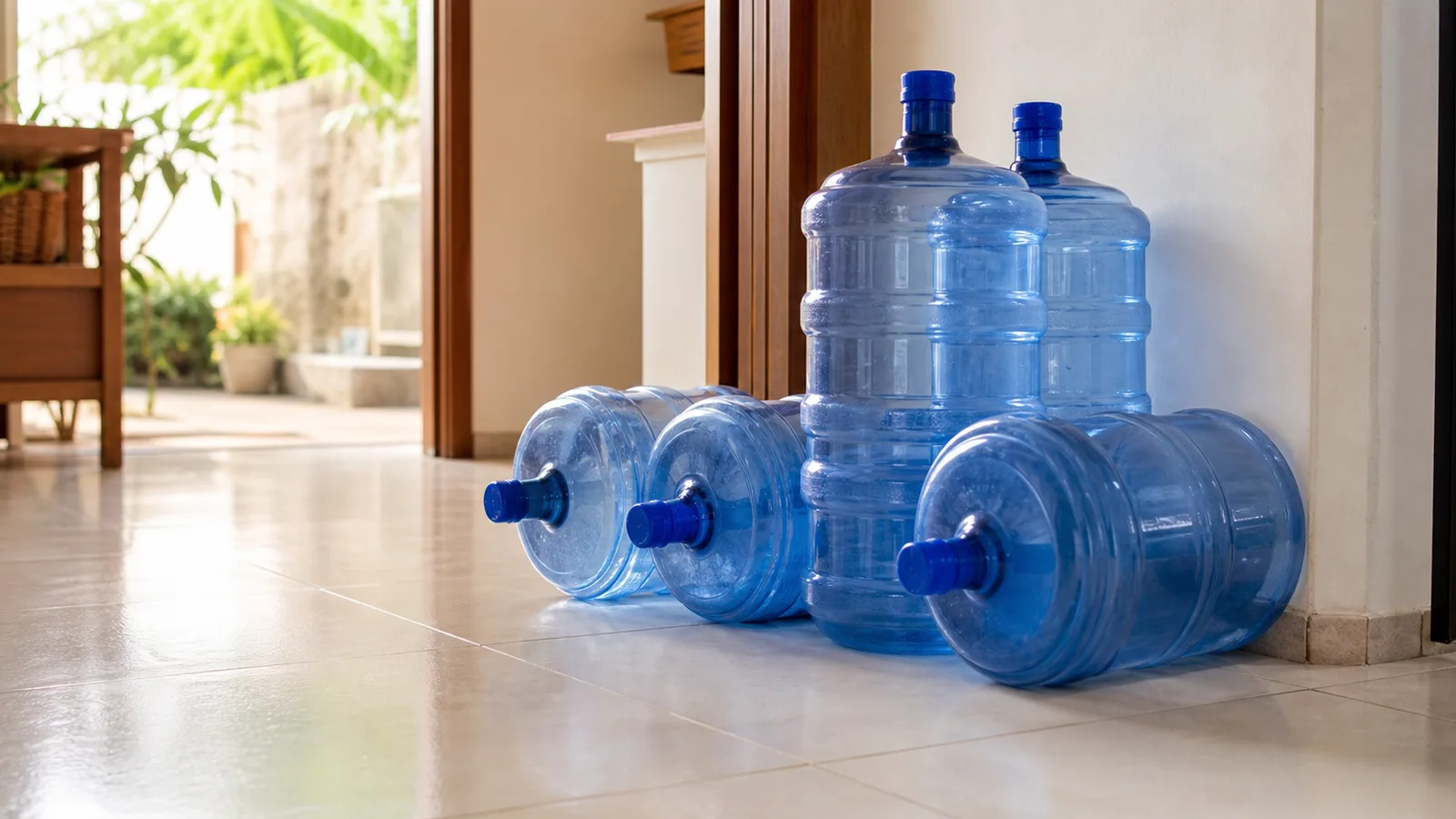 Several empty large blue five-gallon water containers stacked beside a doorway on a tiled floor