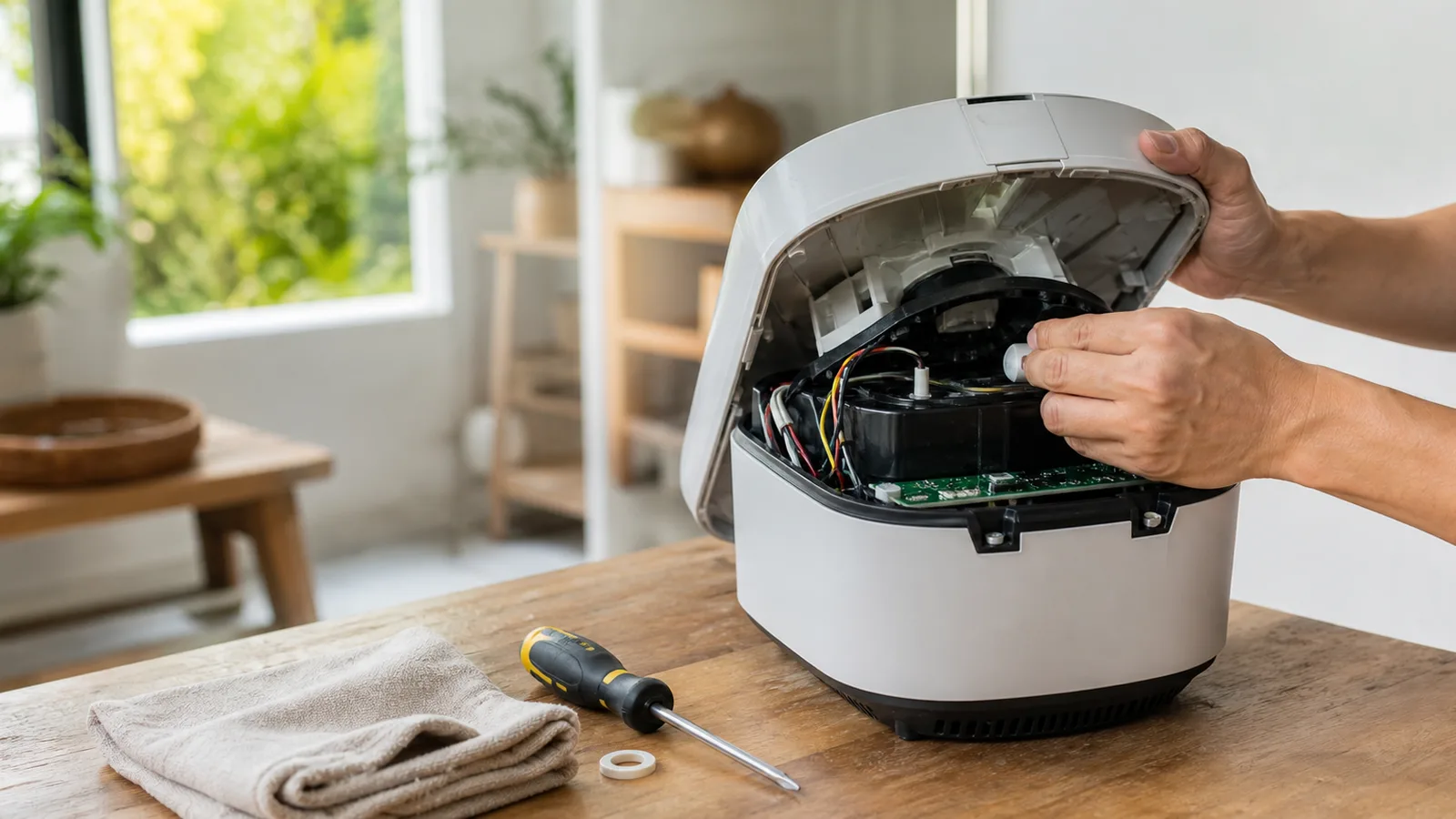 A small appliance opened on a workbench with a screwdriver and a replacement part beside it