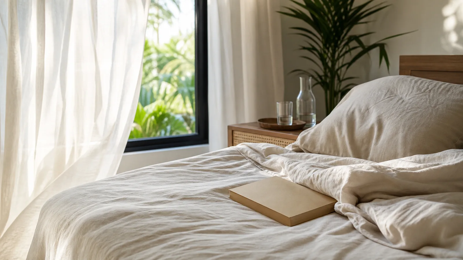 An unmade bed in soft morning light with a book lying face down on the sheets