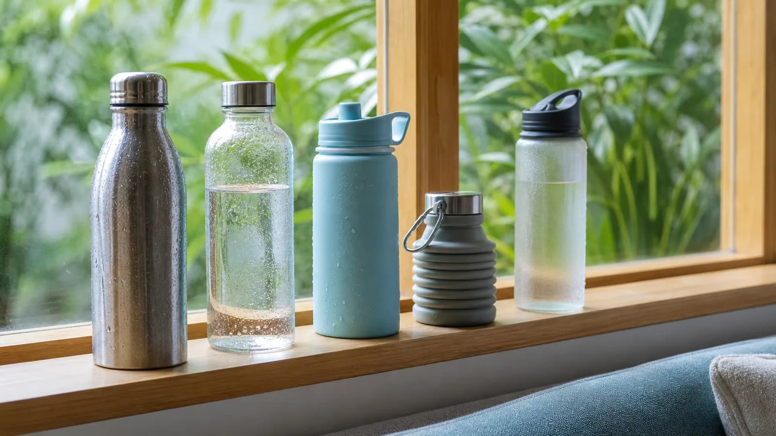 Five reusable water bottles of different materials lined up on a sunlit windowsill