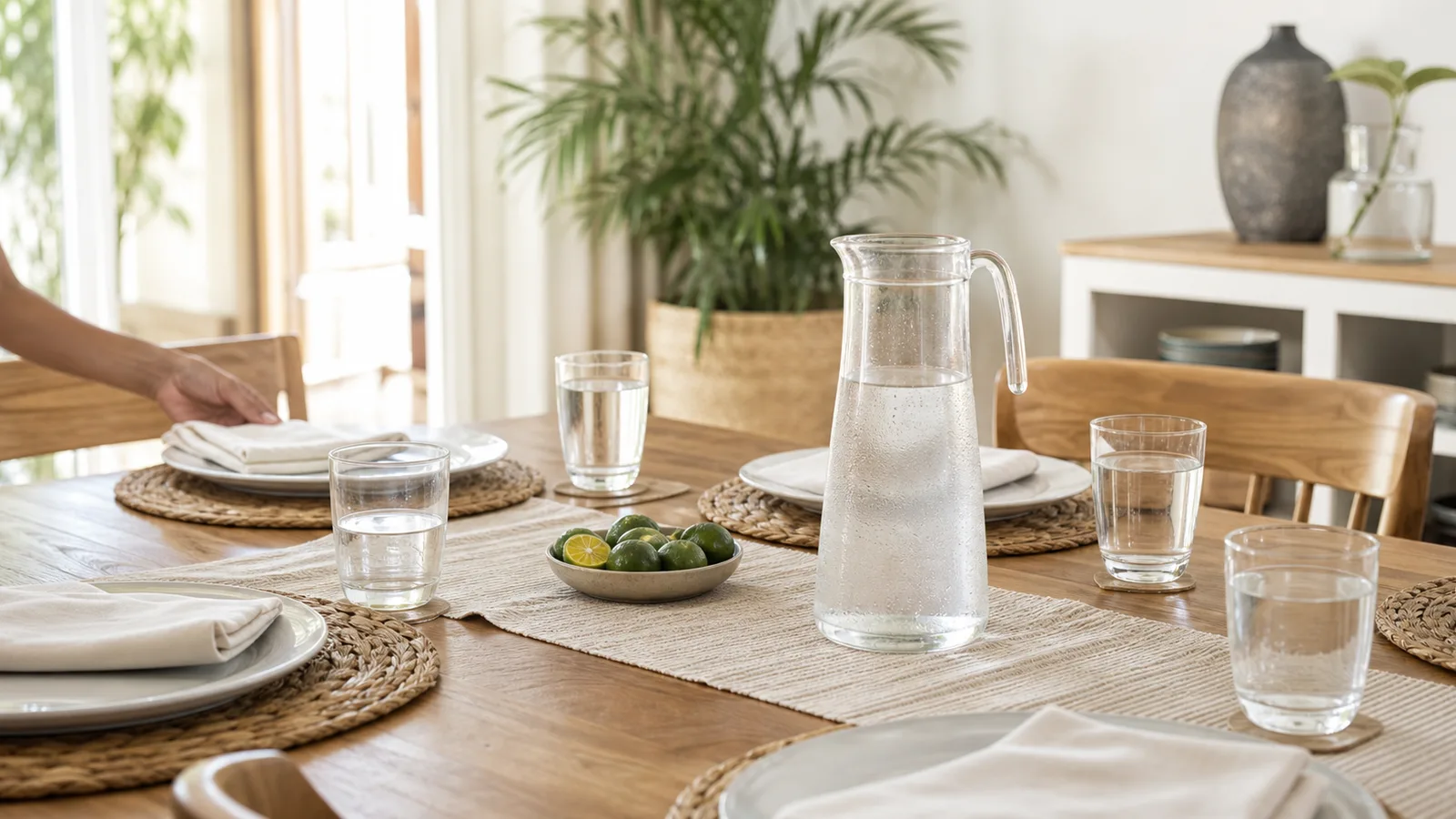 A dining table set with a tall glass pitcher of water, matching glasses and a dish of calamansi
