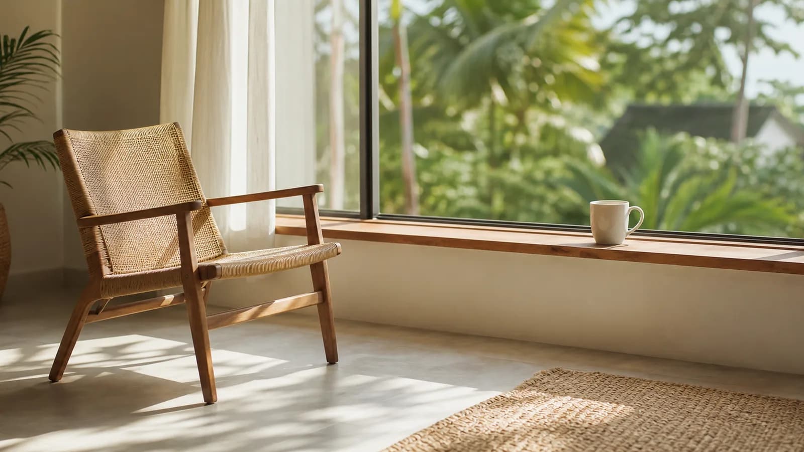 An empty chair beside a window with early morning light across the floor and a mug on the sill