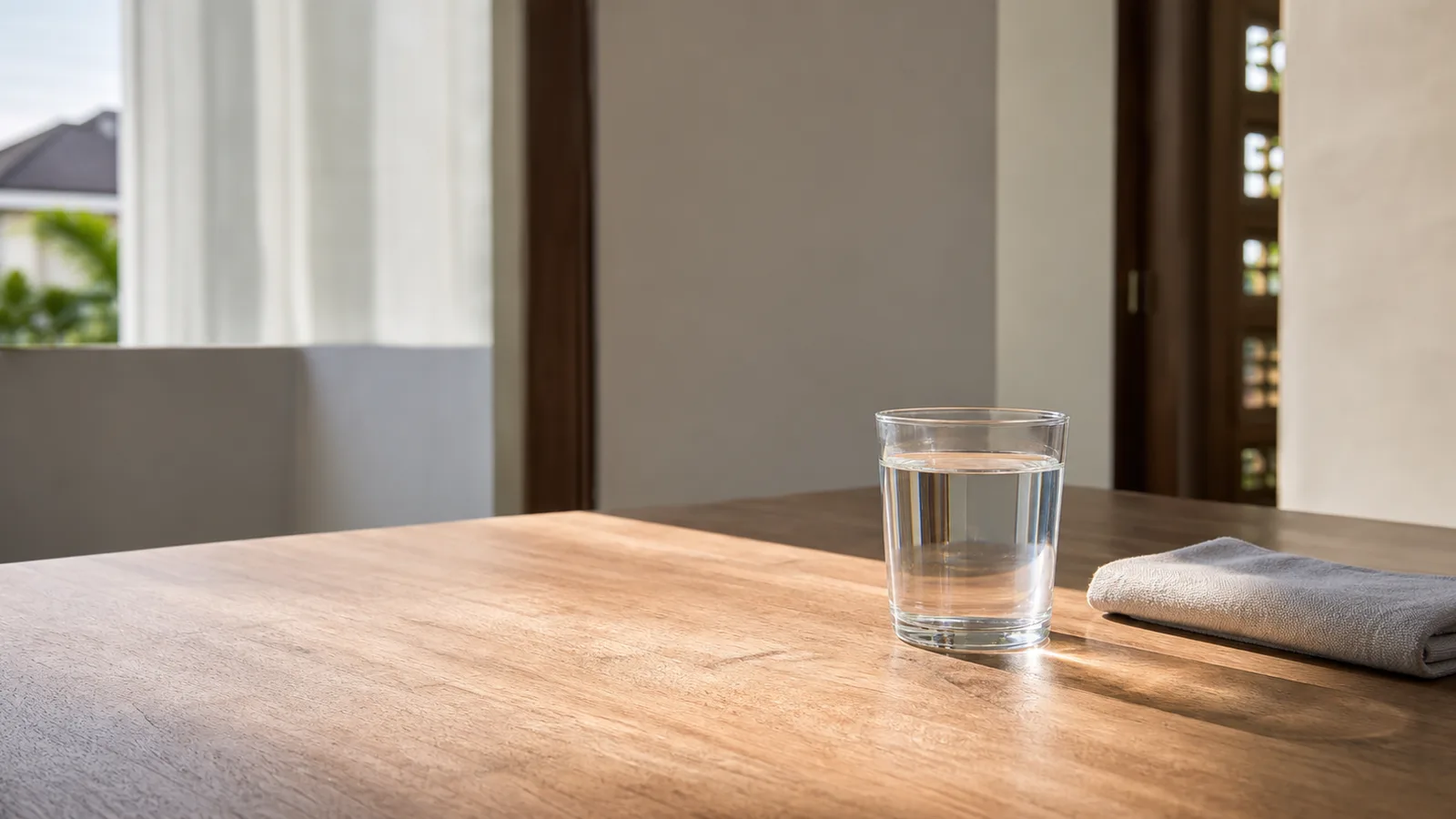 A single glass of water on an empty wooden table in morning light, casting a long shadow