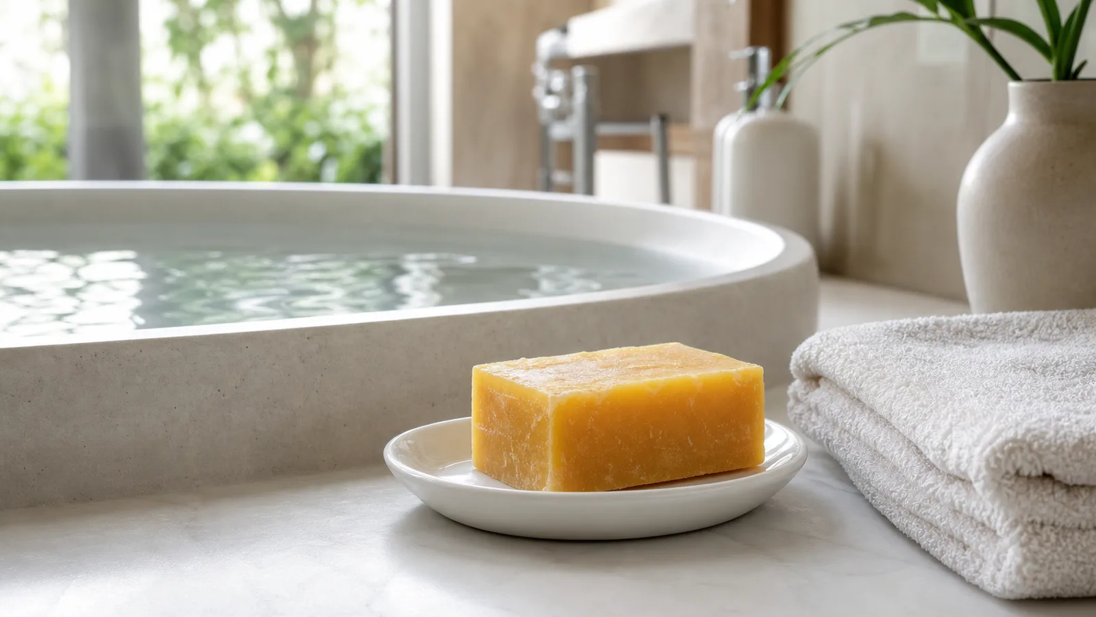 A golden bar of handmade soap on a white ceramic dish beside a shallow basin of water