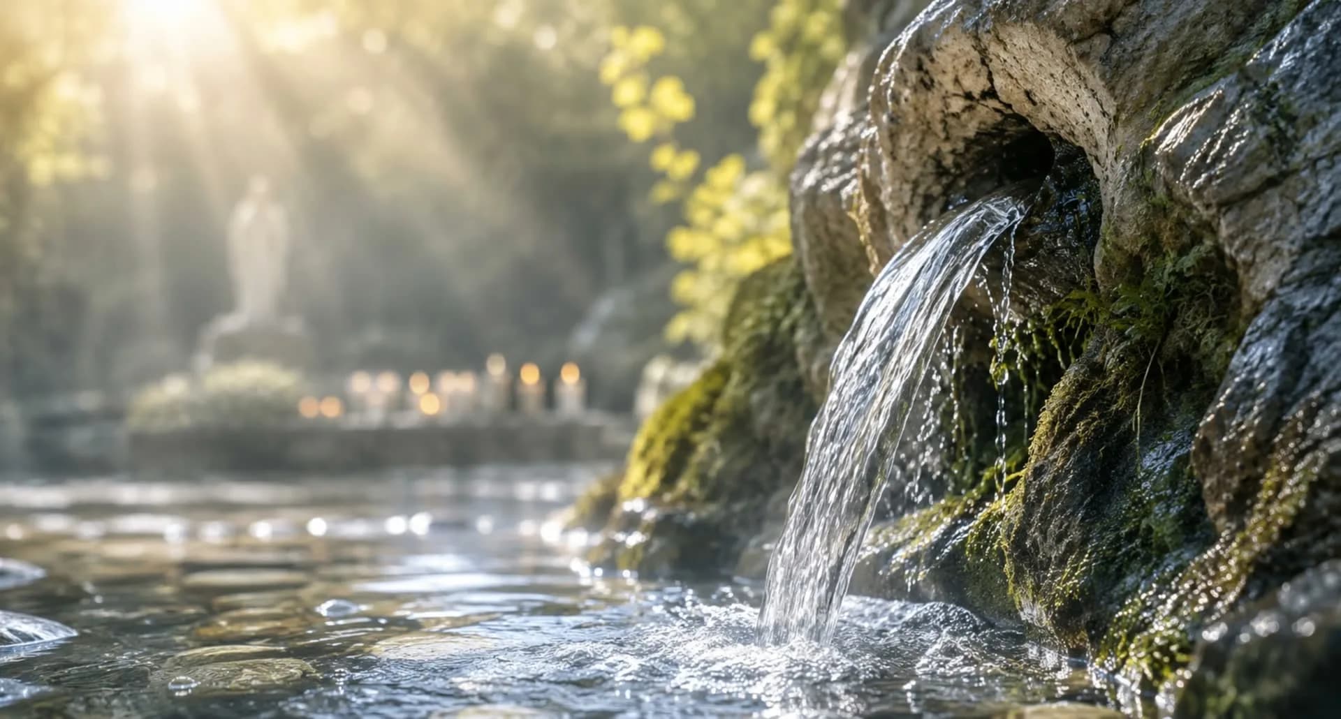 Spring water running over mossy stone into a clear pool