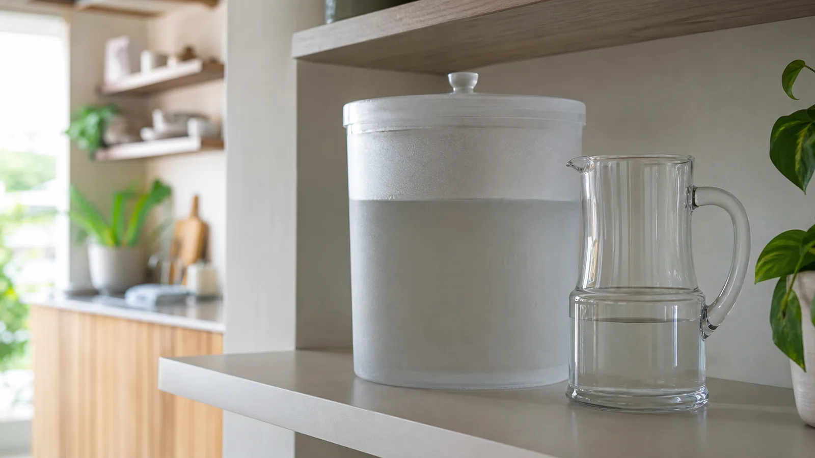 A large covered water container and a clean glass pitcher on a shaded kitchen shelf