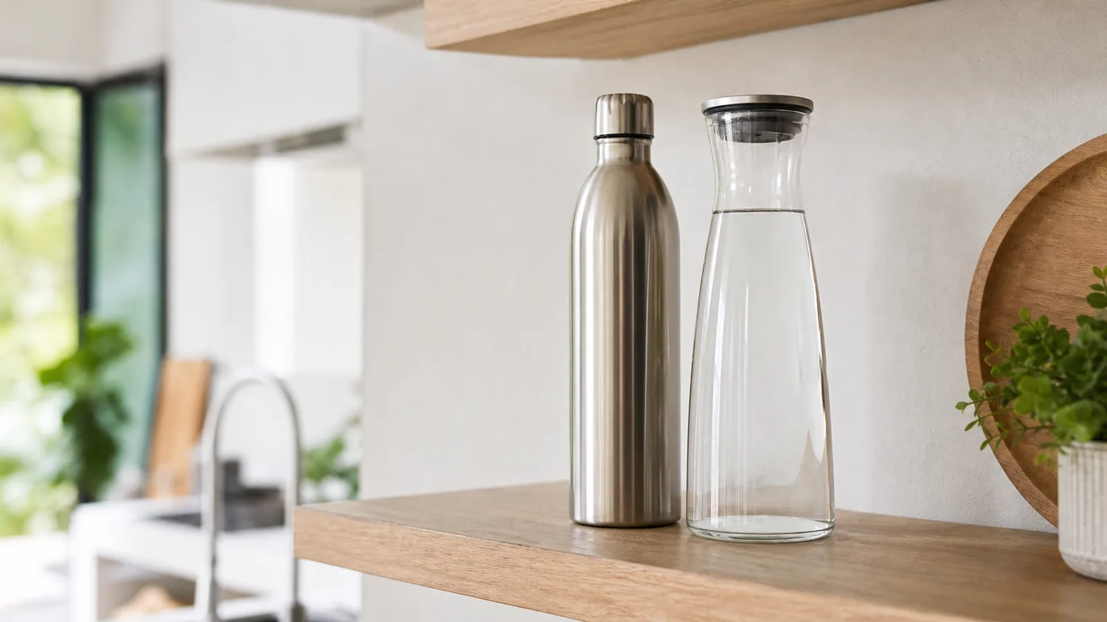 A stainless steel water bottle and a covered glass carafe side by side on a clean kitchen shelf