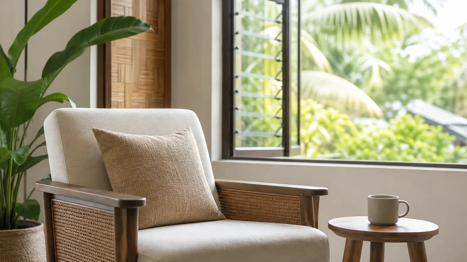 A quiet living room corner with an armchair, a plain mug on a side table and an open window
