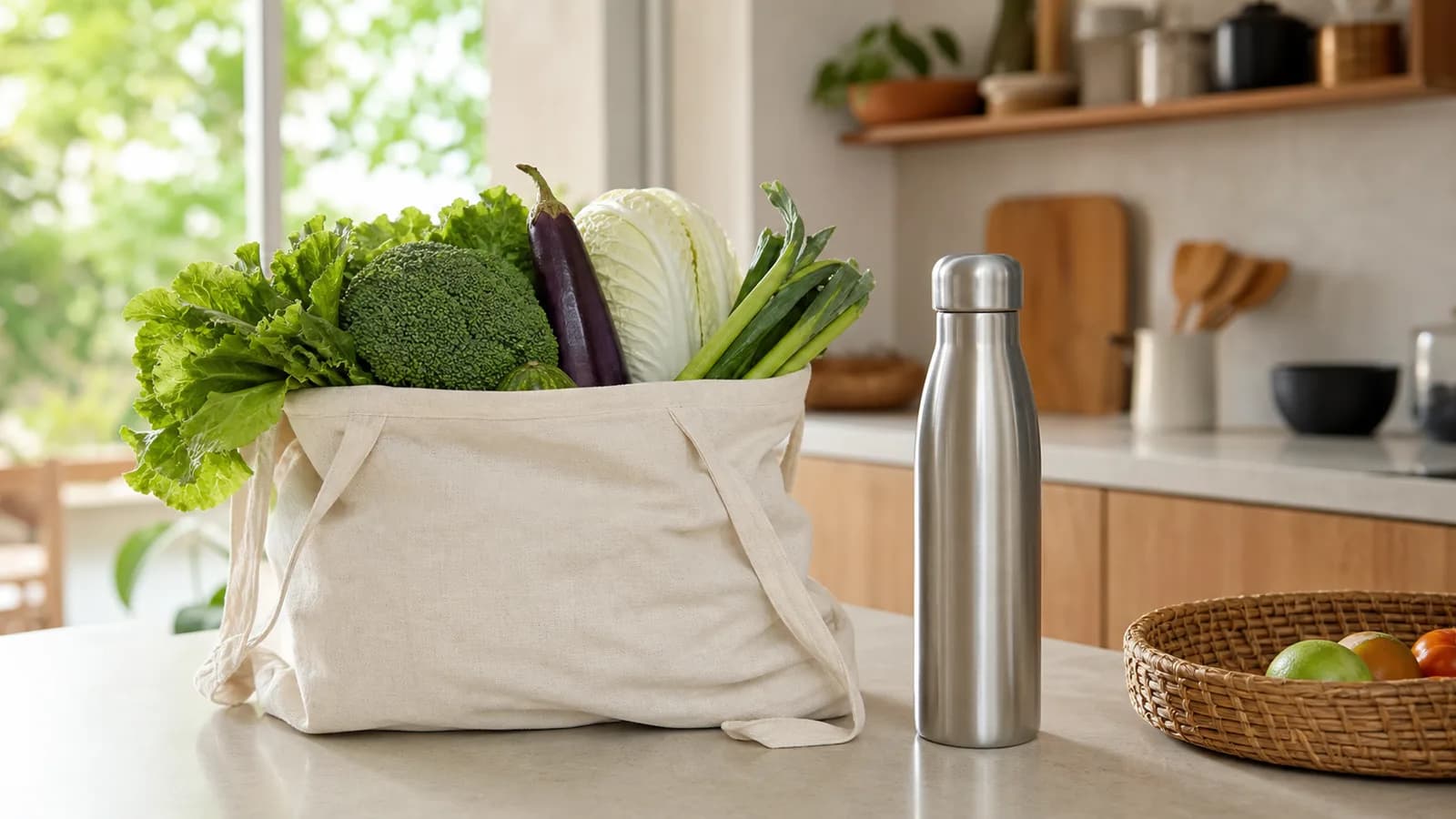 A cloth shopping bag holding fresh vegetables and a stainless steel water bottle on a kitchen counter