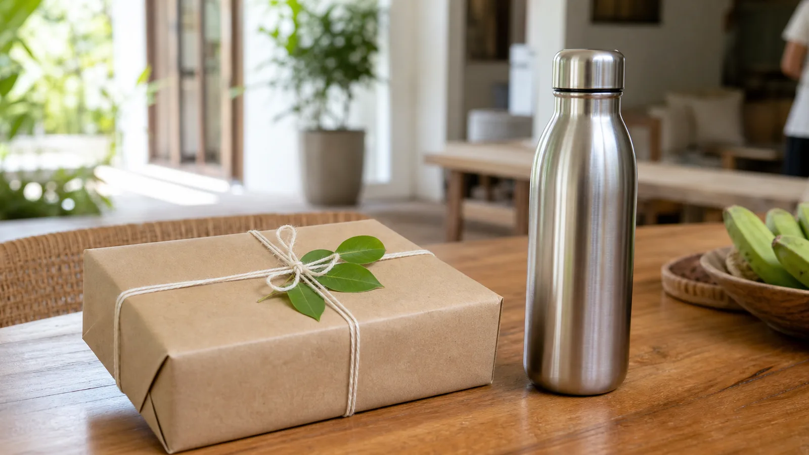 A gift wrapped in brown paper tied with cotton string and a sprig of greenery beside a steel bottle