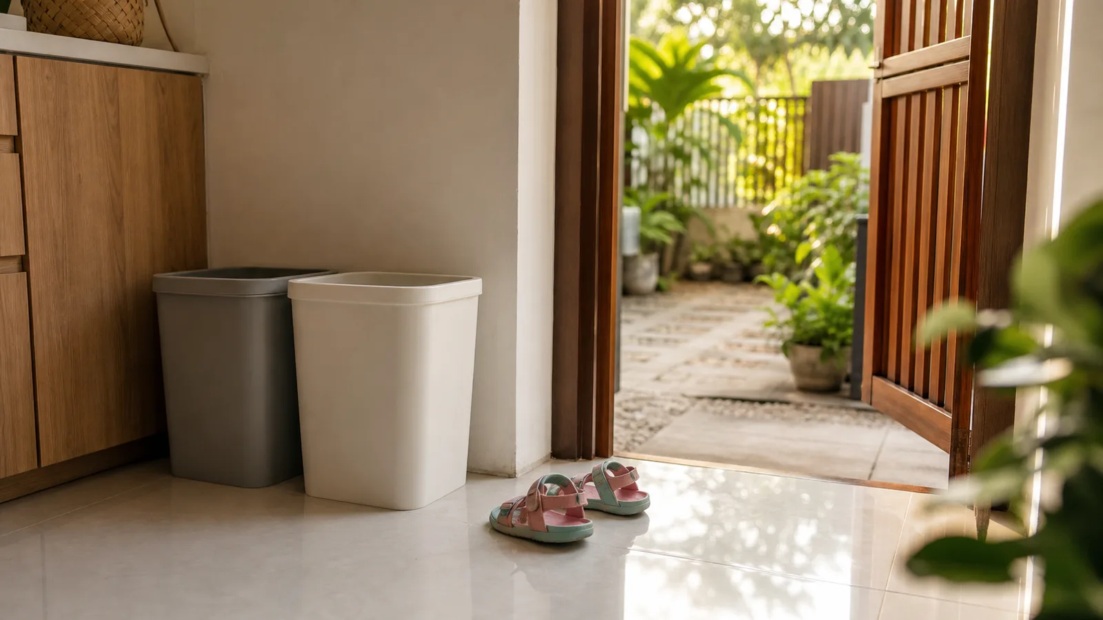 Two small plain sorting bins beside a back door with a child's sandals on the floor nearby