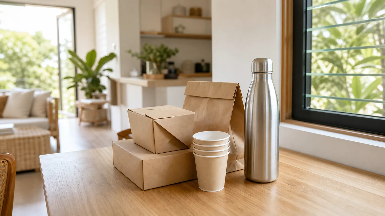 A small pile of plain delivery packaging and disposable cups on a table beside one stainless reusable bottle