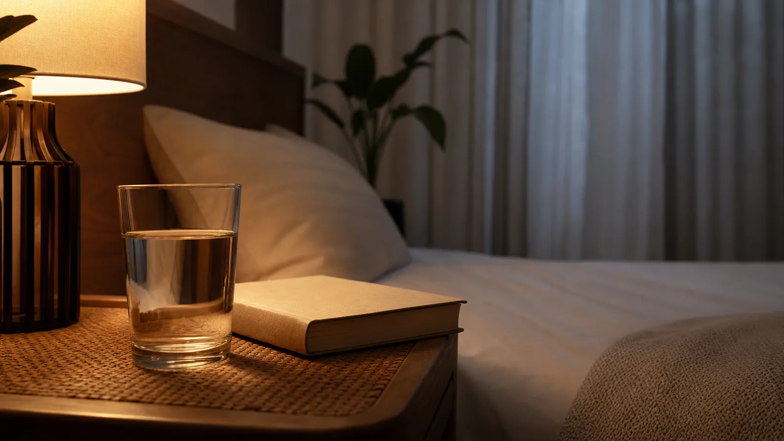 A bedside table with a warm low lamp, a closed book and a glass of water in a dim bedroom