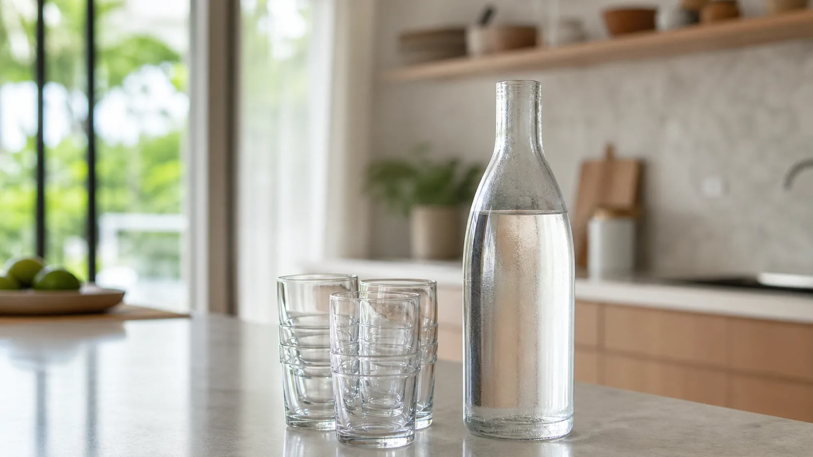 A one-litre clear glass bottle of water on a kitchen counter beside a small stack of empty glasses
