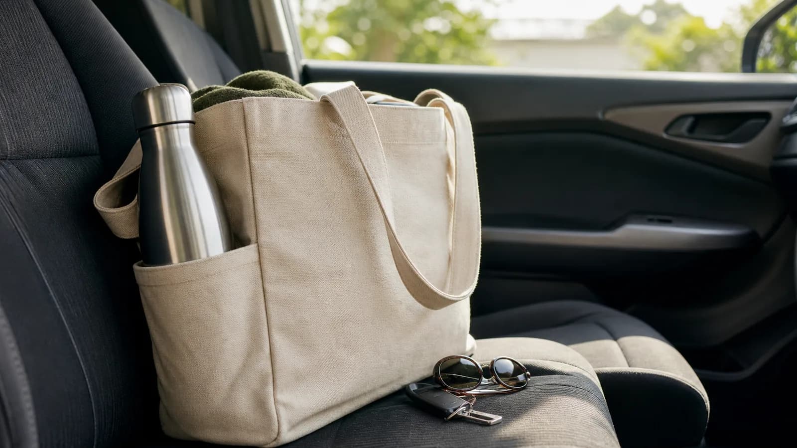 A canvas bag on a car seat with a stainless reusable water bottle in its side pocket beside car keys