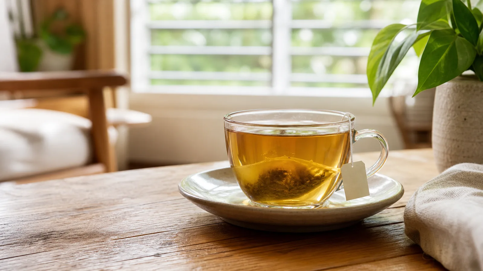 A glass cup of golden herbal tea on a ceramic saucer in morning light