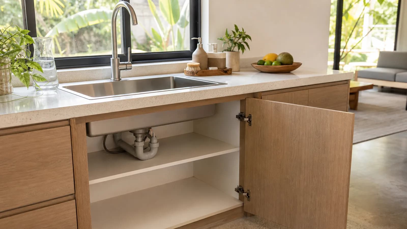 A kitchen counter beside a sink with the cabinet below opened to show clean empty shelving and plumbing