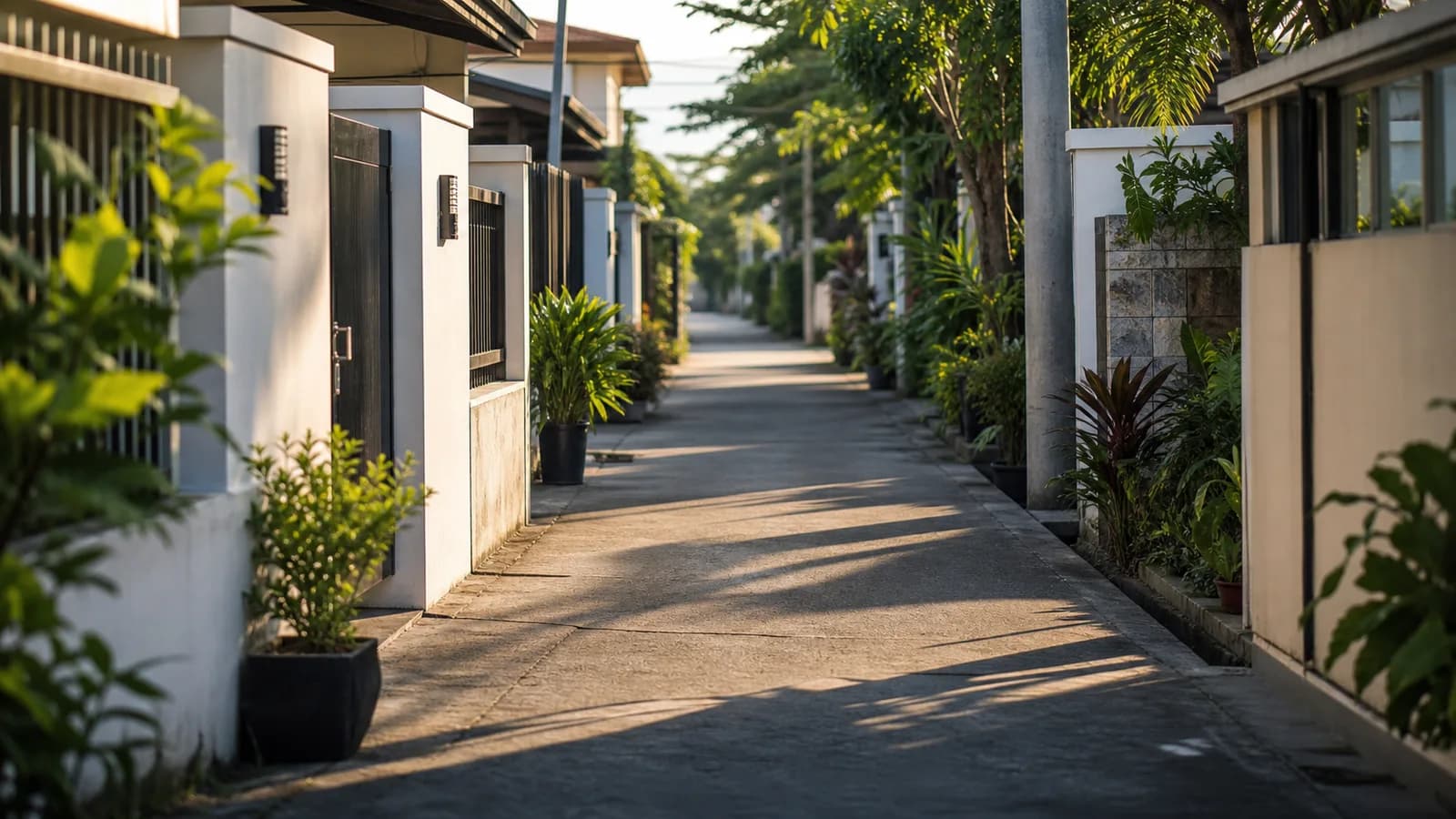 A quiet residential footpath lined with low walls and plants in warm late afternoon light