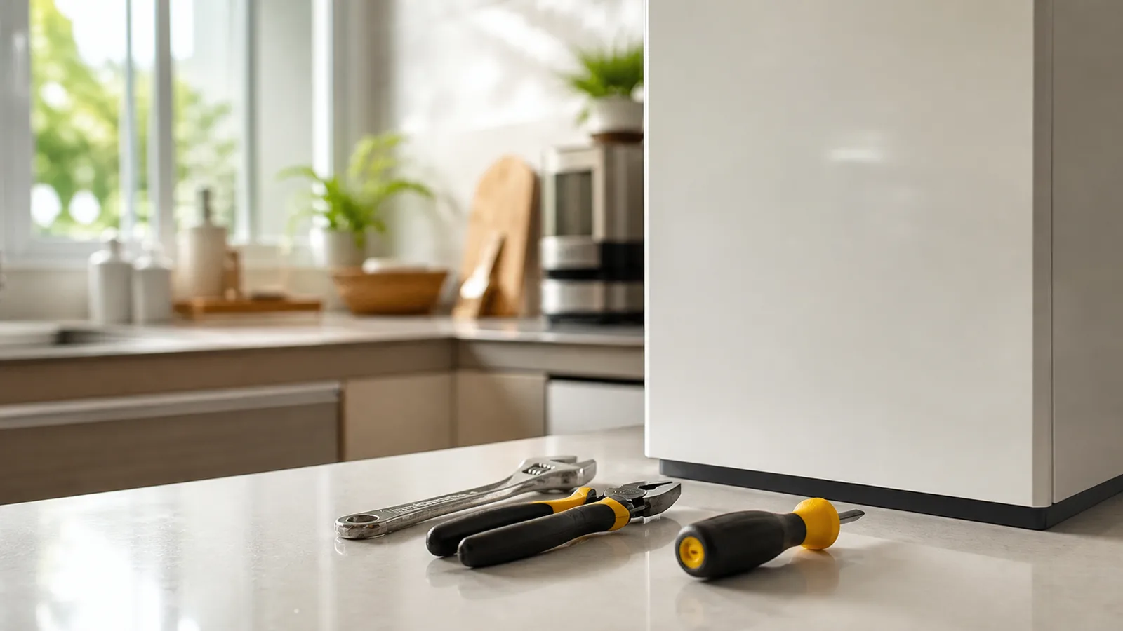 A small set of hand tools laid out on a clean kitchen counter beside a plain white appliance panel