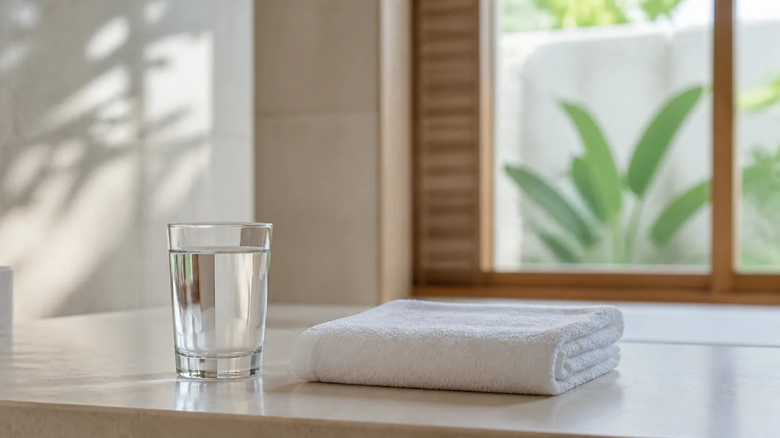 A plain bathroom counter with a single glass of water and a folded hand towel in soft daylight
