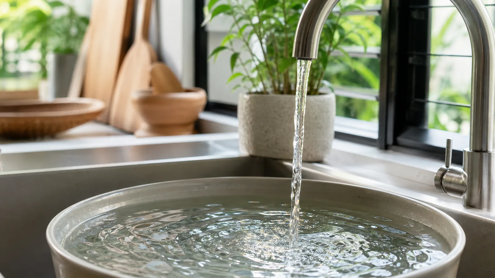 A close view of a kitchen tap running into a basin placed in the sink to catch the water