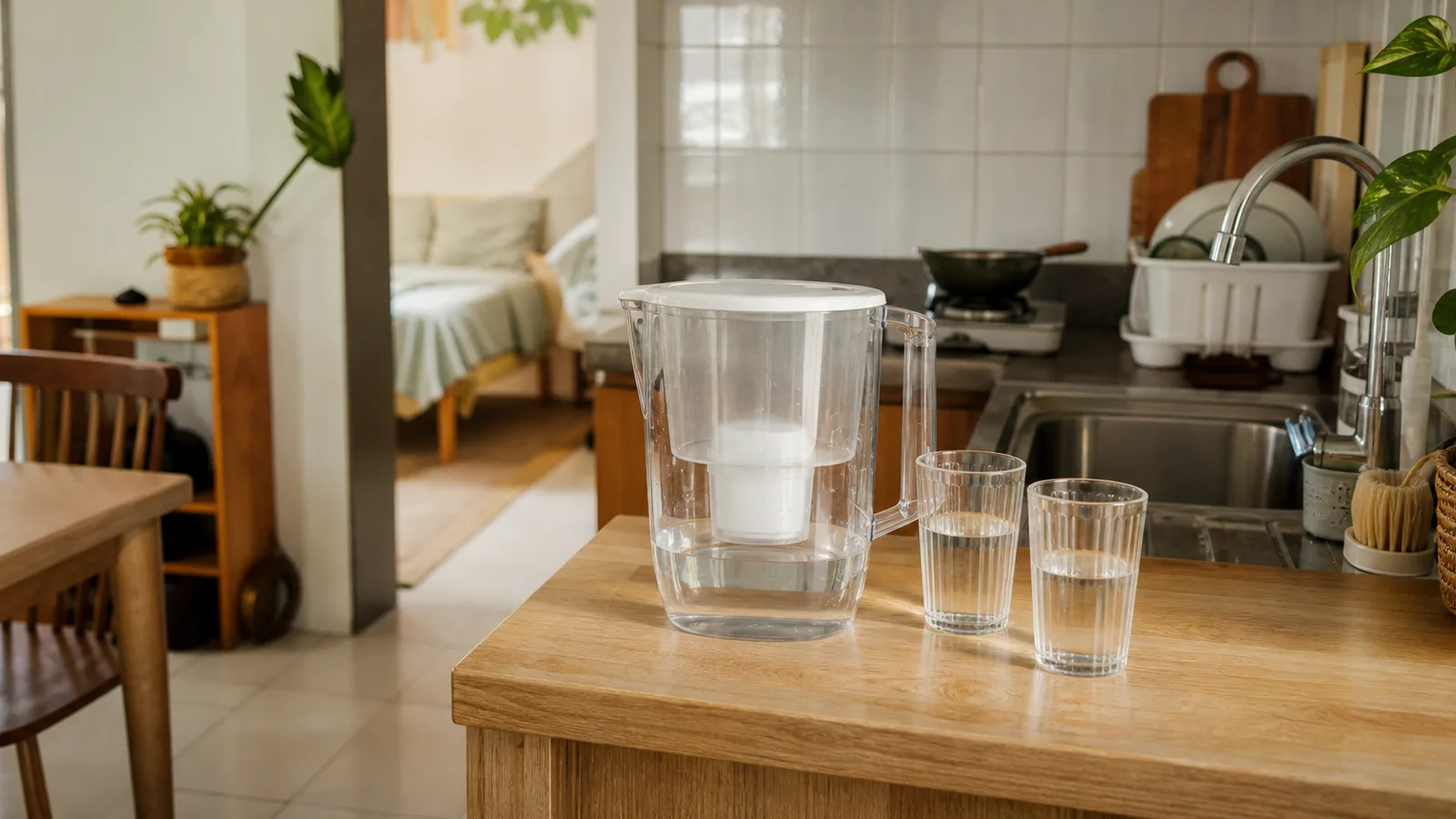 A compact rented apartment kitchen with a filter jug and two glasses beside the sink