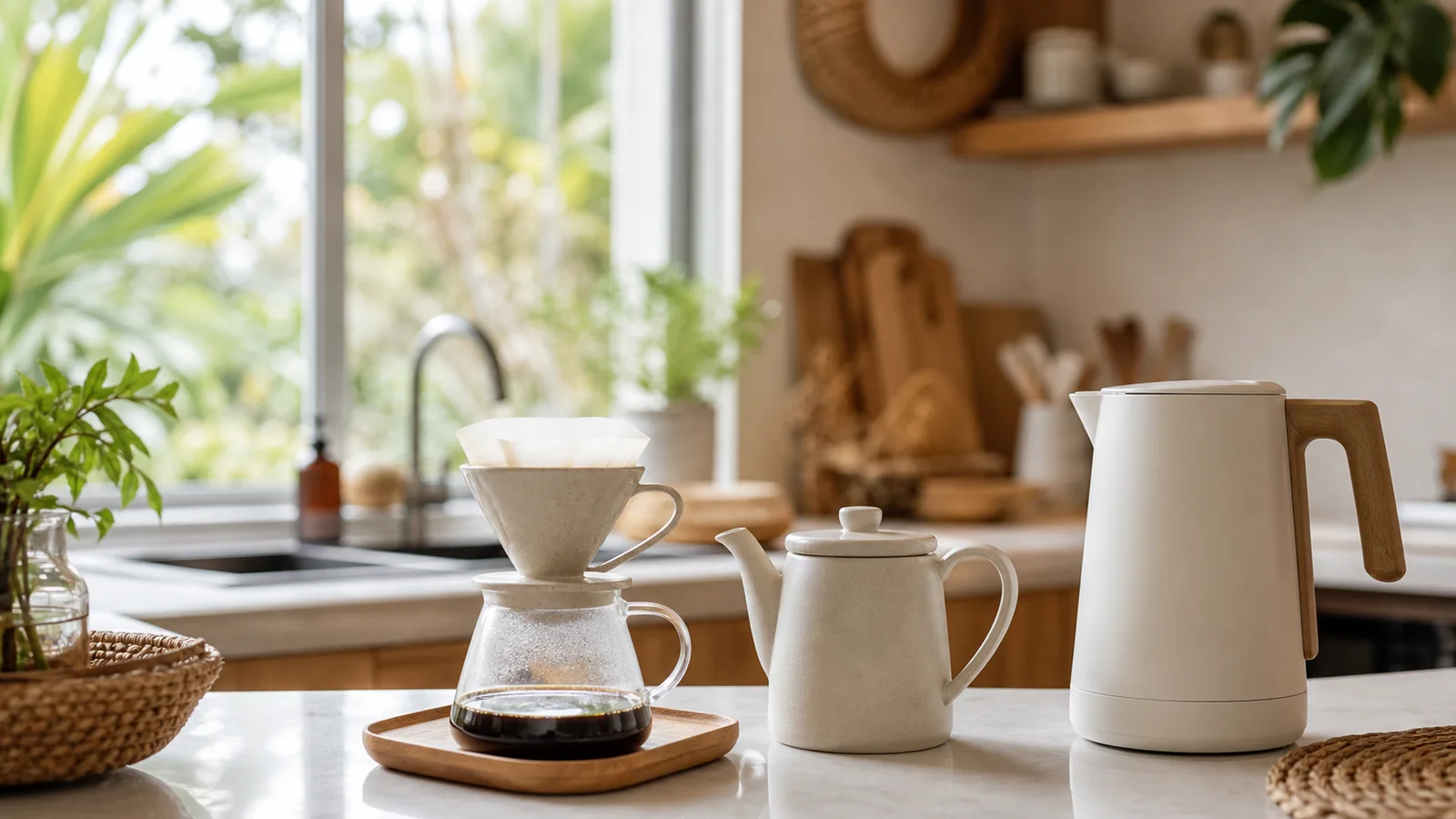 A pour-over coffee dripper and a plain teapot on a kitchen counter beside an electric kettle