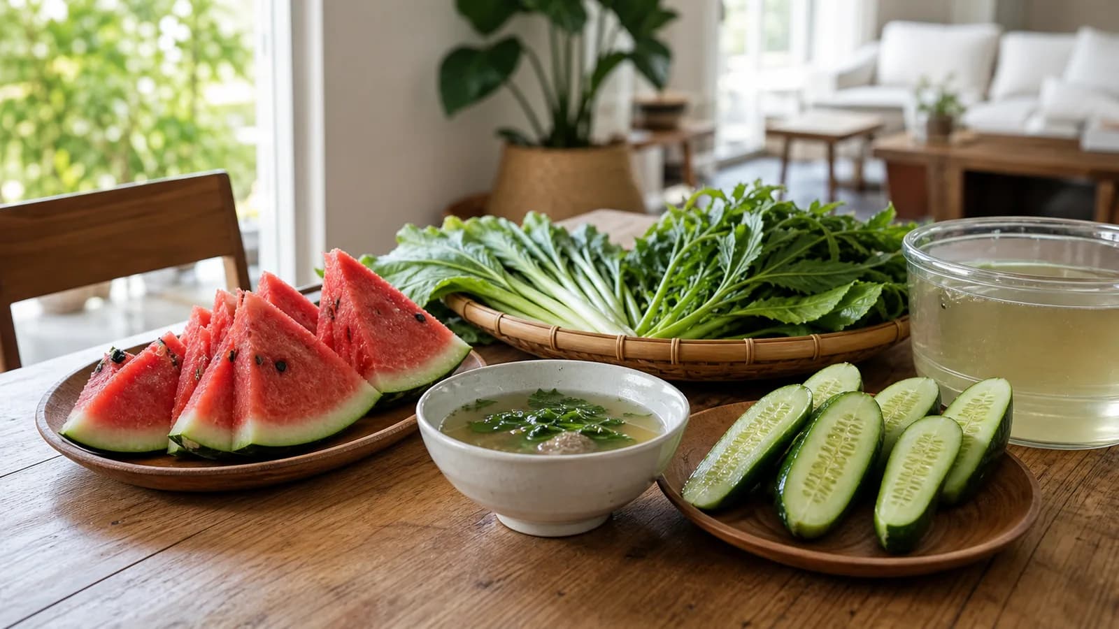 A wooden table laid with sliced watermelon, cucumbers, a bowl of clear broth and leafy greens