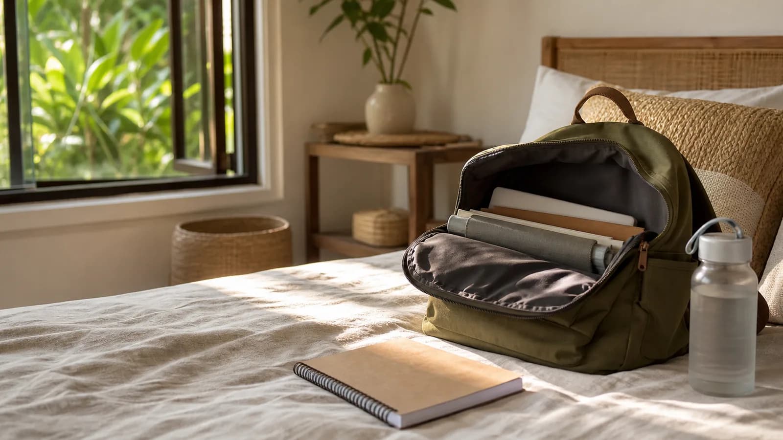 An open school backpack on a bed with a notebook and a water bottle beside it in morning light